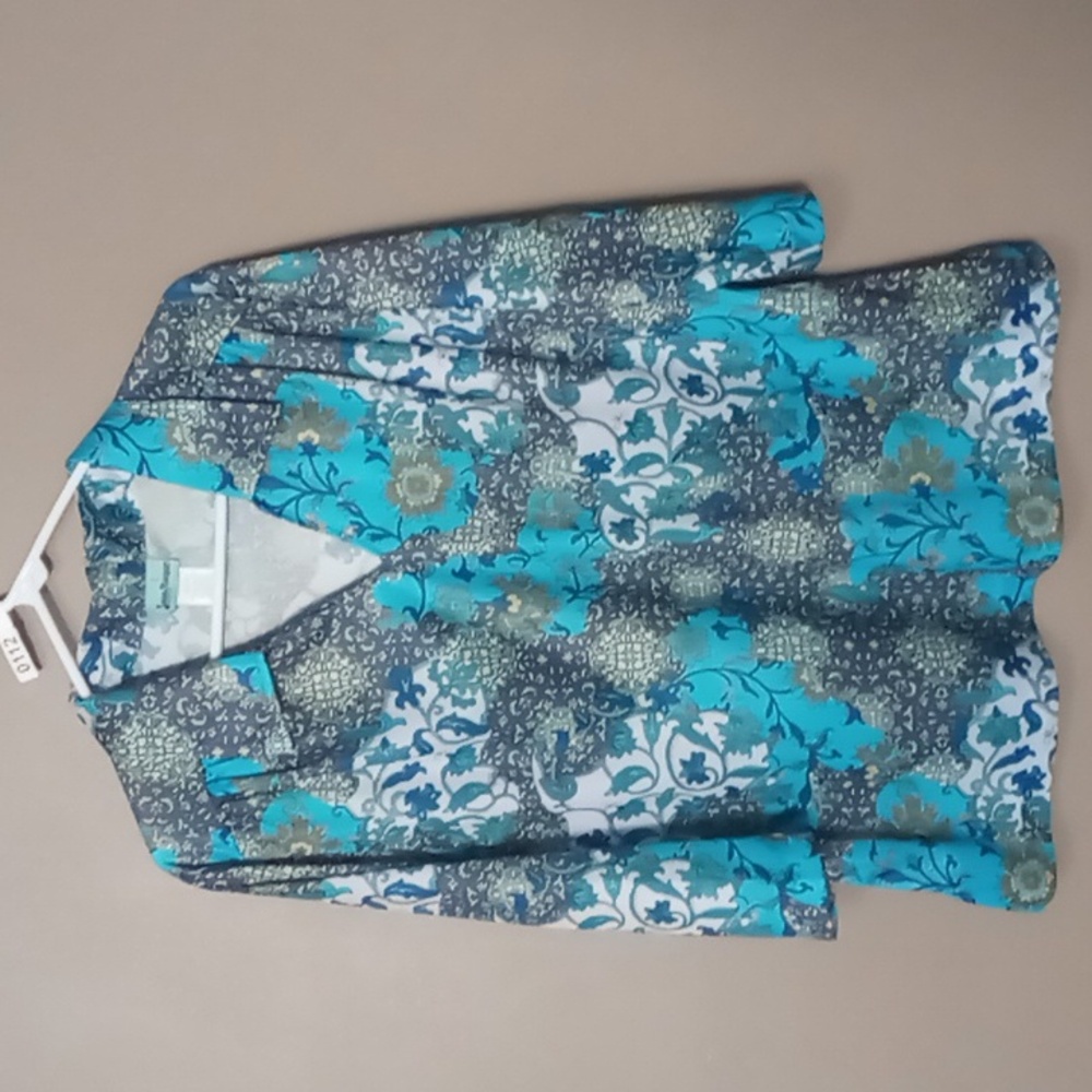 Sara Morgan V Neck Collared Blue Patterned 3/4 Sleeve Blouse Size L